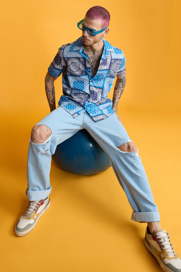 Blue Bandana Print Men's Resot Shirt