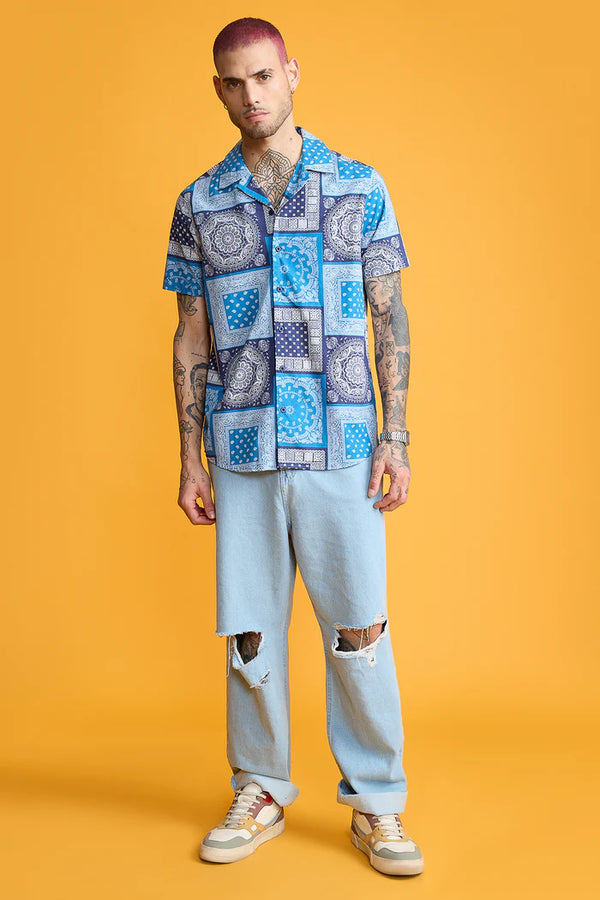Blue Bandana Print Men's Resot Shirt